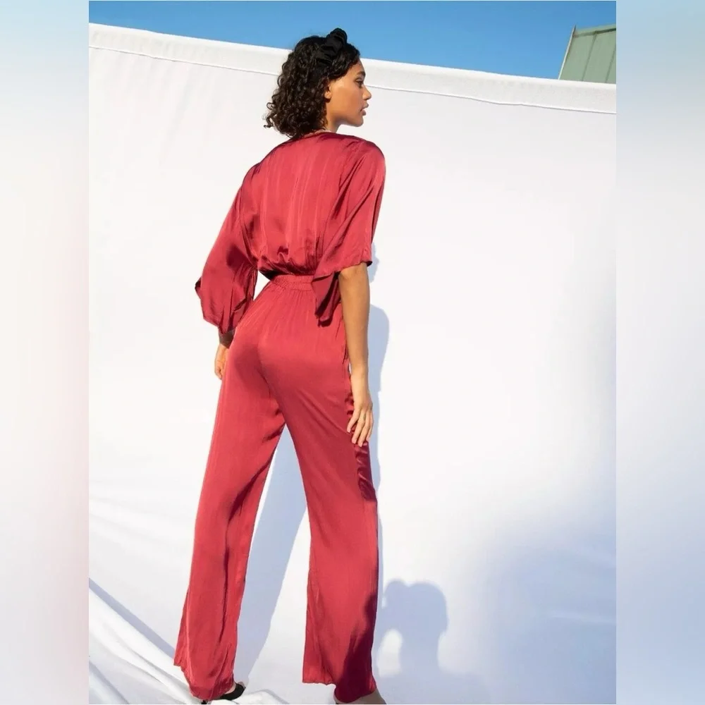 NWT Free People Young Fabulous‎ and Broke Rose Tie-Front Satin Jumpsuit Size M